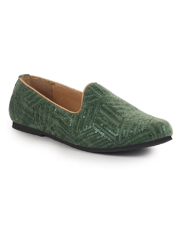 Men Green Embroidery Sequin Ethnic Slip On Juttis and Mojaris for Wedding|Traditional Sherwani Shoes|Slip-On For Nehru Jackets Notch Collar Peter Pan Collar Cowl Neck