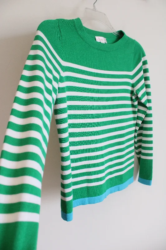 Belle Kim Gravel Green White Striped Knit Sweater | XXS Fitted Loose Oversized