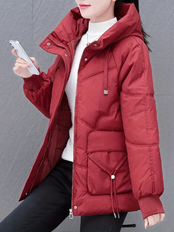 Women's Casual Mid-Length Down Cotton Coat with Hood, Solid Color, Woven Polyester, Long Sleeve, Non-Stretch, No Belt, Non-Waterproof, with Pockets - Winter Thick Cotton Parka Thick Fleece Parka Jacket