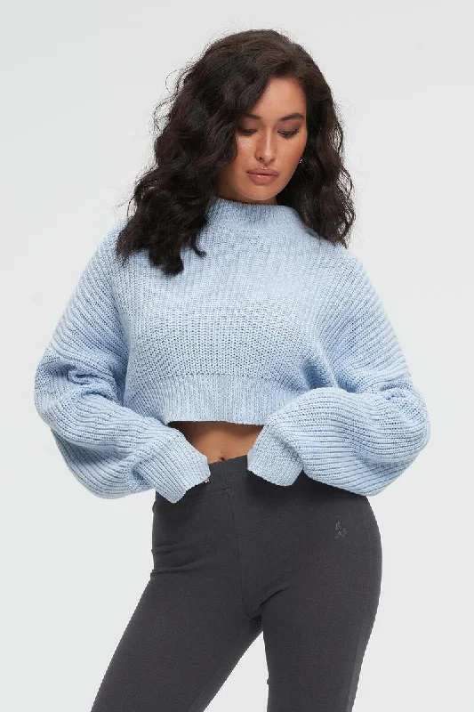 Knitted High Collar Sweater - Blue Fog Mesh Fabric Canvas Fabric Denim Fabric