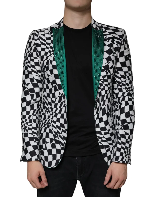 Black White Checkered Crystal Single Breasted Blazer Women's Daily Blazer