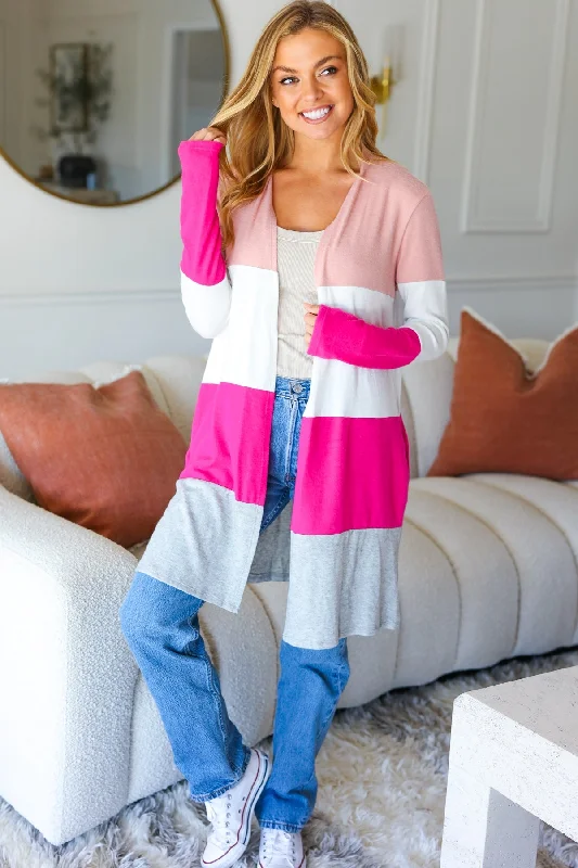 Face The Day Blush Wide Stripe Hacci Colorblock Cardigan Sweater Transparent Opaque Sheer