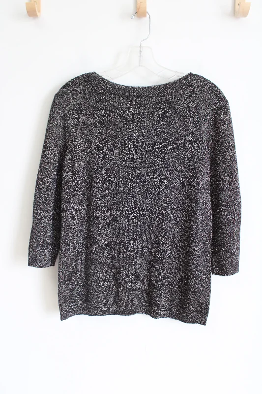 Liz Claiborne Career Black Gold Shimmer Knit Sweater | M Petite Chenille Brocade Lace