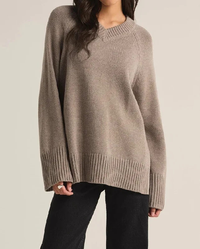 Boulevard V-Neck Sweater Heather Taupe Cashmere Blend Cotton Blend Poly Blend