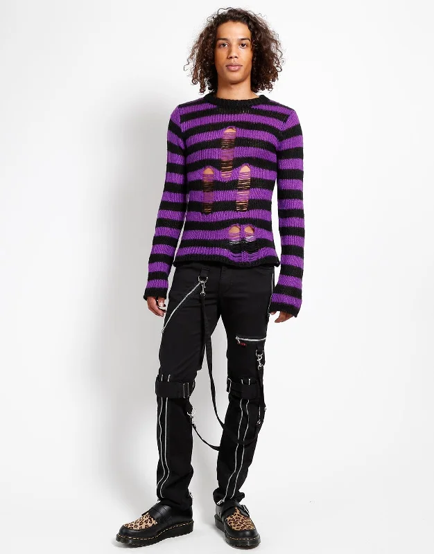 BLK/PURPLE UNISEX RAG STRIPE SWEATER Glossy Satin Silk