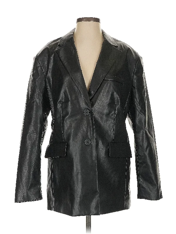 Faux Leather Jacket A-Line Jacket Boat Neck Shawl Collar