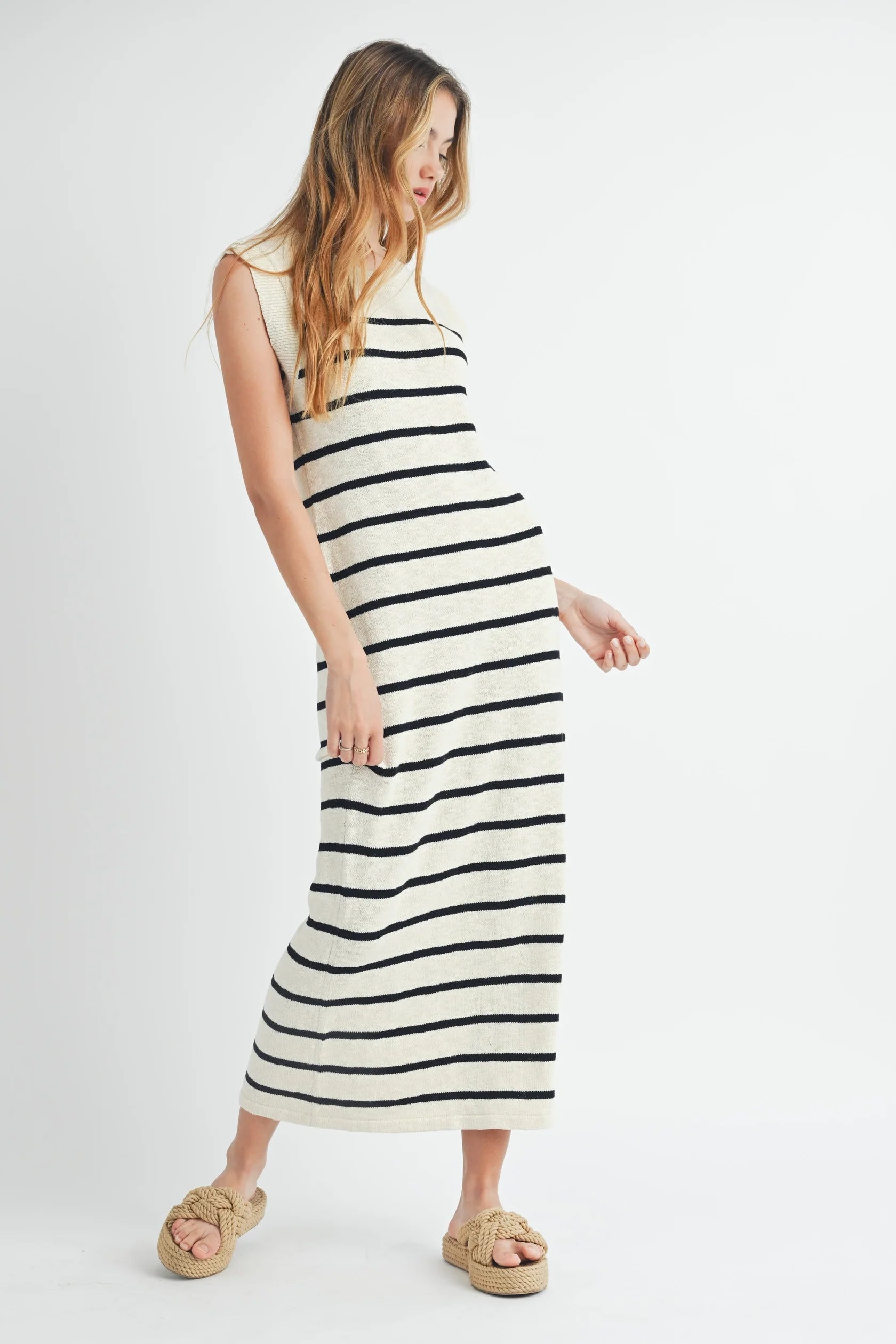 Sleeveless Stripe Sweater Midi Side Slit Dress Boxy Sweater Fitted Sweater A-Line