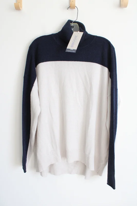 NEW Brodie Cashmere Navy & White Colorblocked Knit Turtleneck Sweater | XL Slim Fit Regular Fit Oversized