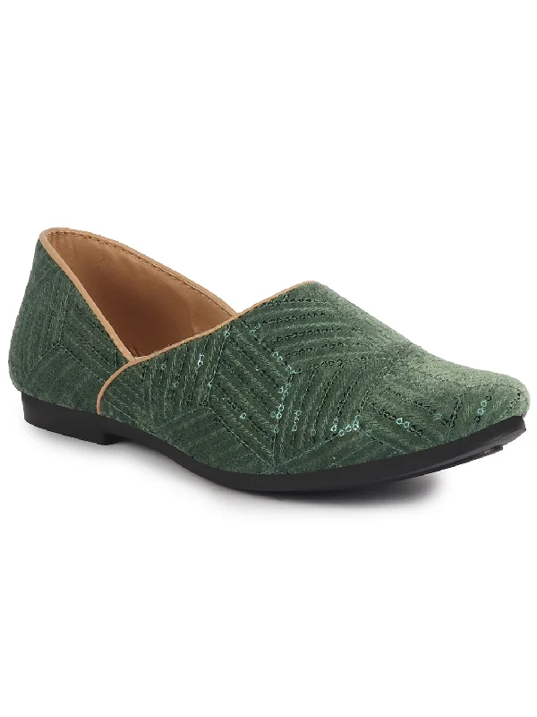 Men Green Embroidery Sequin Ethnic Half Cut Slip On Juttis and Mojaris for Wedding|Traditional Sherwani Shoes|Slip-On For Nehru Jackets Snapped Jacket Toggled Jacket Drawstring Jacket