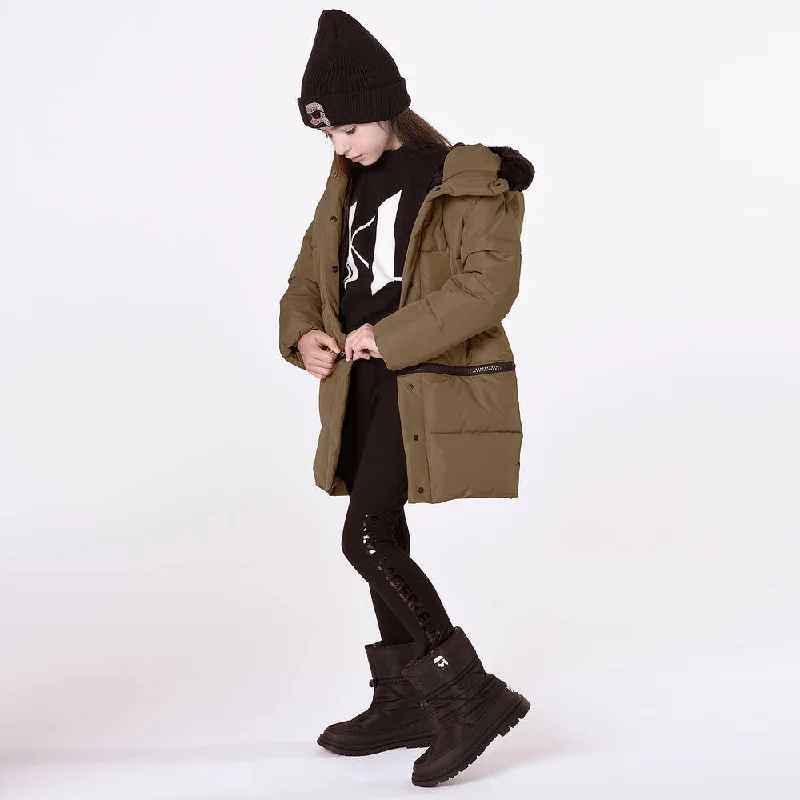 Khaki 2 In 1 Parka with Fur Hood Soft Fur-Lined Parka Jacket