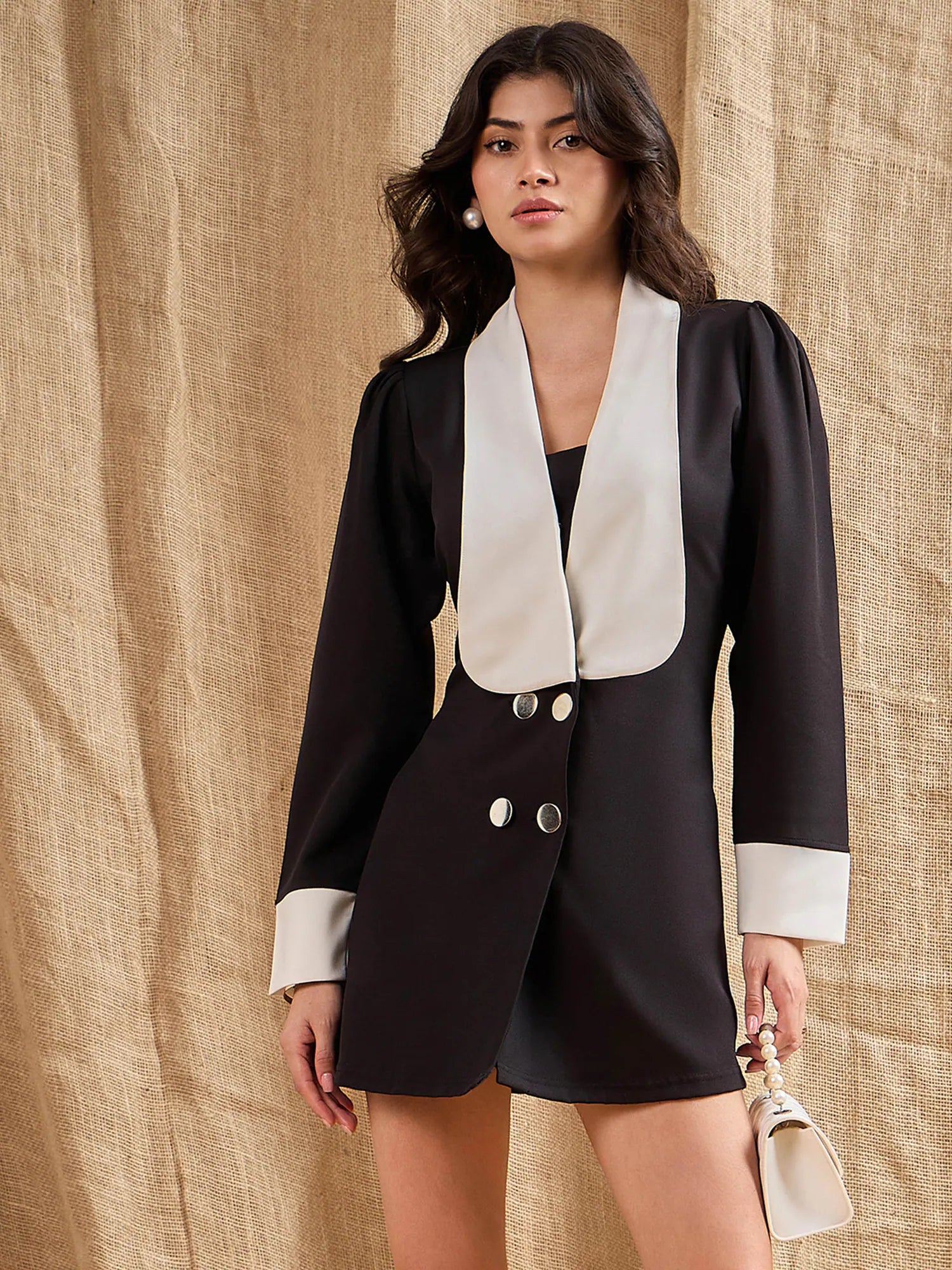 Women Black Contrast Collar Blazer Dress-SFDRSS12382 Women's Simple Jacket