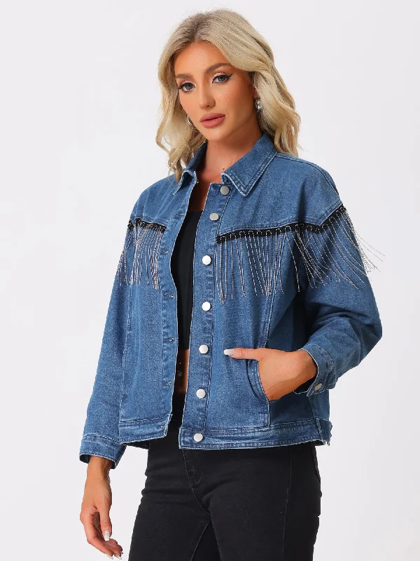 Beads Fringe Denim Button Front Western Cowgirl Tassel Jean Jackets Mesh Jacket Canvas Jacket Denim Jacket