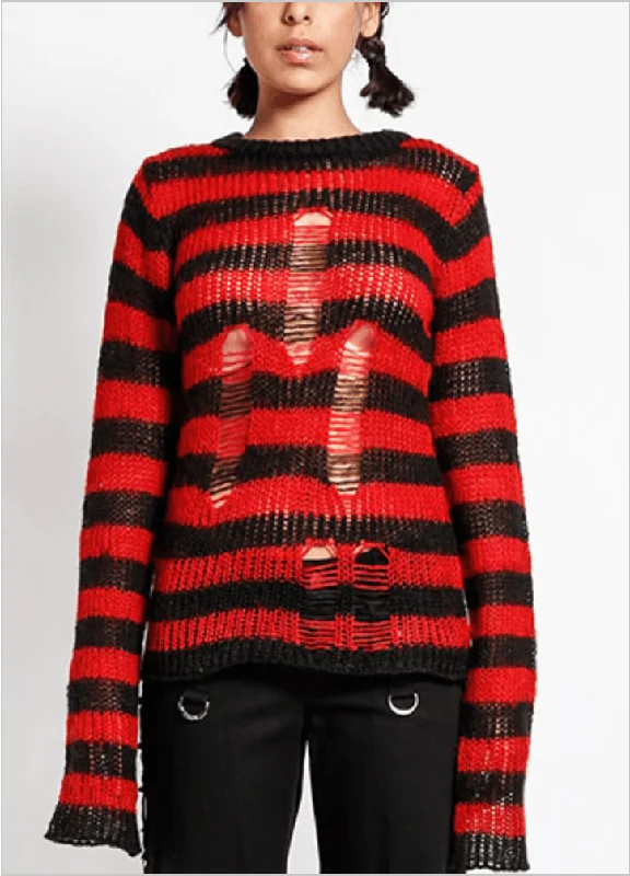 Tripp UNISEX RAG STRIPE SWEATER Blk/red Transparent Opaque Sheer