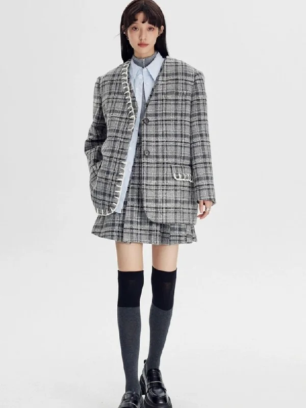 Plaid vest jacket and pleated skirt【s0000003970】 Denim Fabric Leather Fabric Suede Fabric