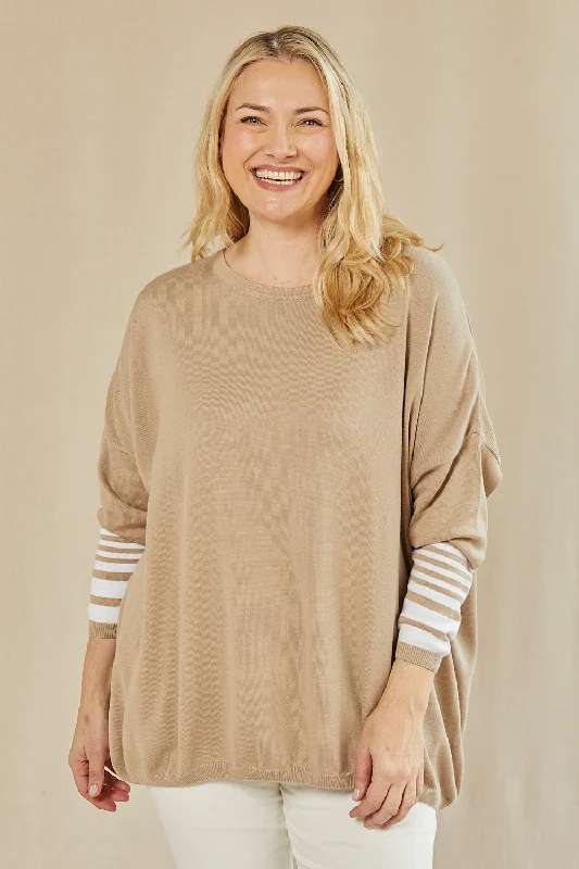 Binky Striped Jumper in Beige Anti-Pilling Anti-Shrink Durable