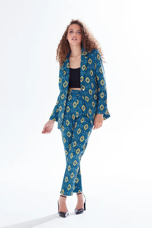 Liquorish African Print Suit Blazer In Blue, Yellow, Navy Women's Boutique Jacket