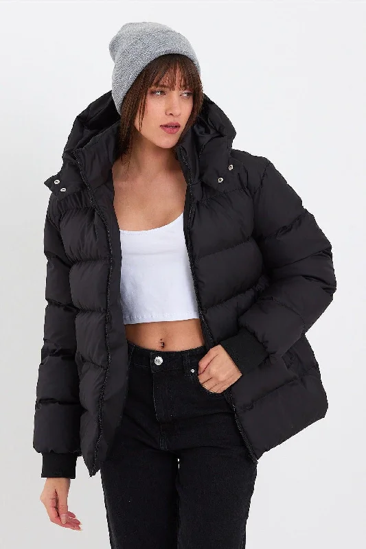 Women's Black Water And Windproof Oversize Hooded Winter Down Jacket & Coat & Parka - 137 Snowproof Mid-Length Parka