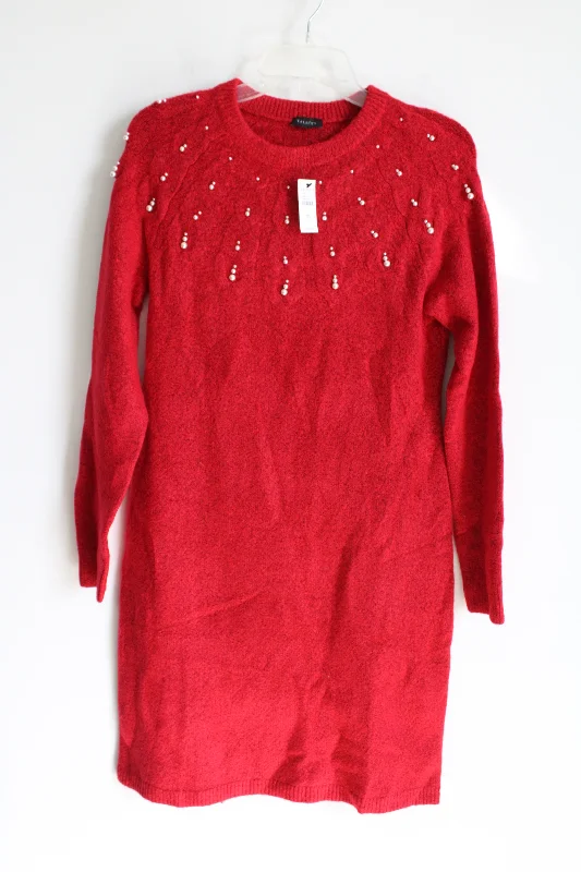 NEW Talbots Red Knit Pearl Beaded Sweater Dress | XS Silk Blend Satin Velvet