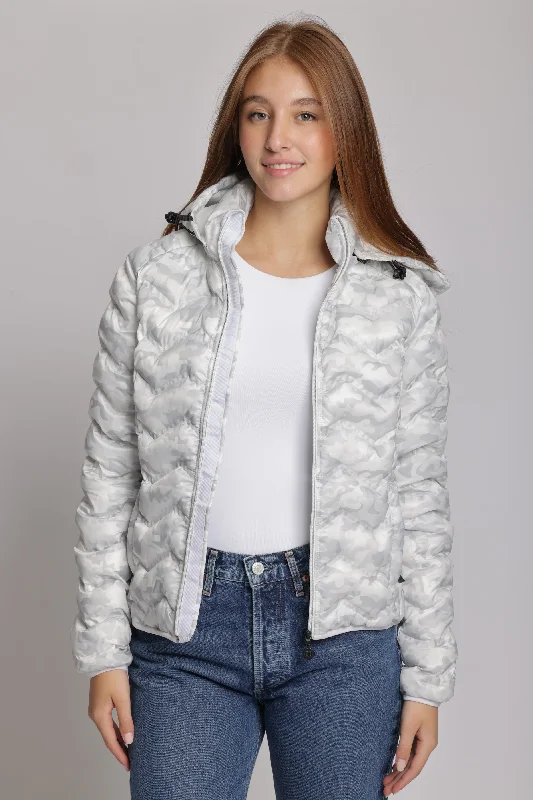 Women's packable puffer jacket in white camo Ribbed Jacket Pleated Jacket Ruffled Jacket