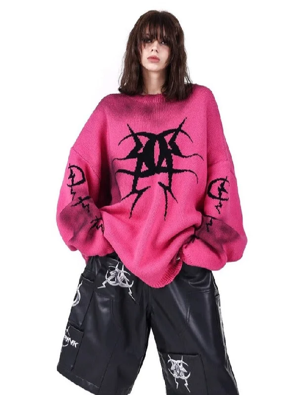 PINKSPINK Occult Symbol Oversized Sweater - Pink/Black Embroidered Appliqued Beaded