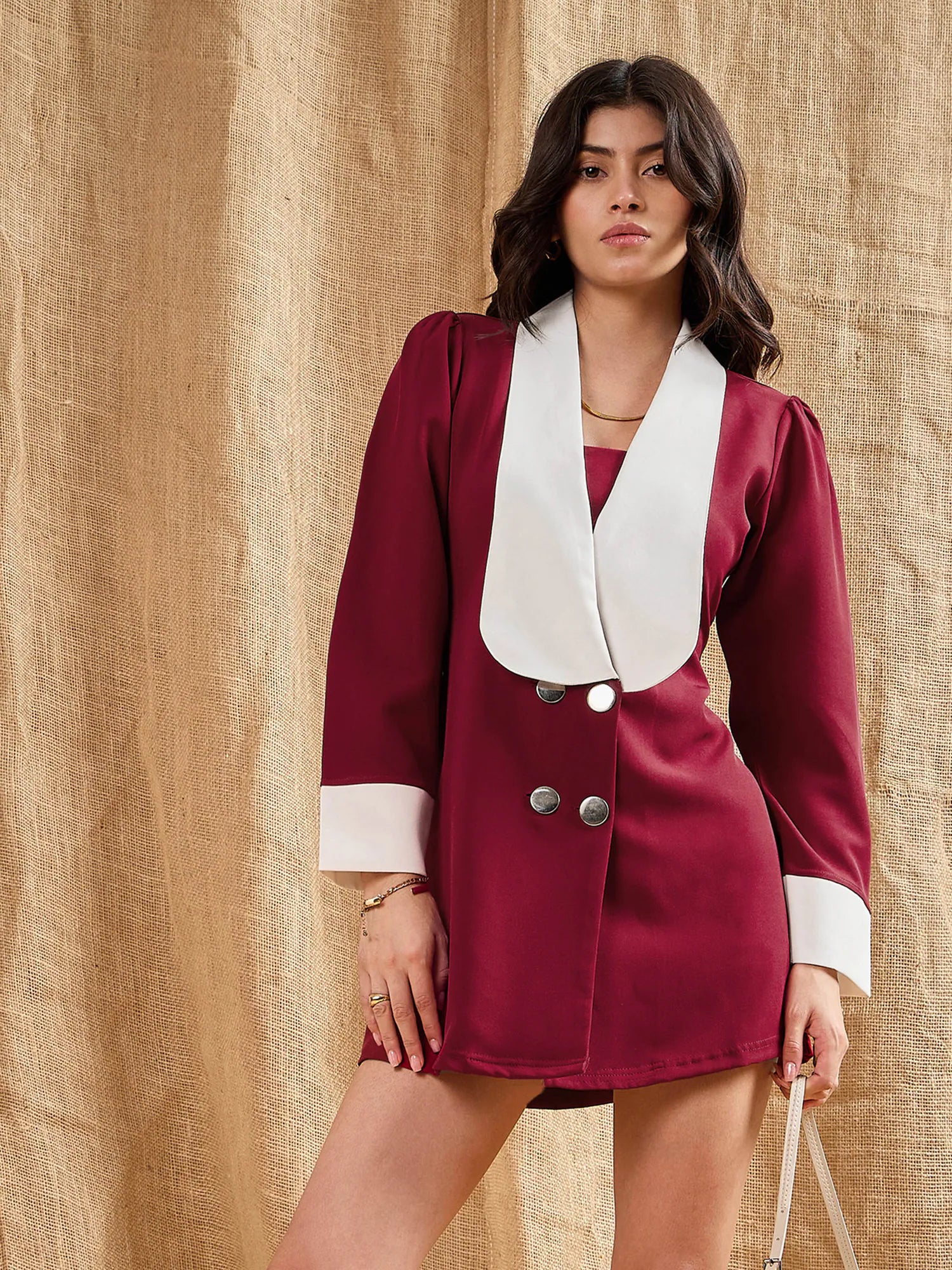 Women Maroon Contrast Collar Blazer Dress-SFDRSS12383 Women's Fashion Blazer