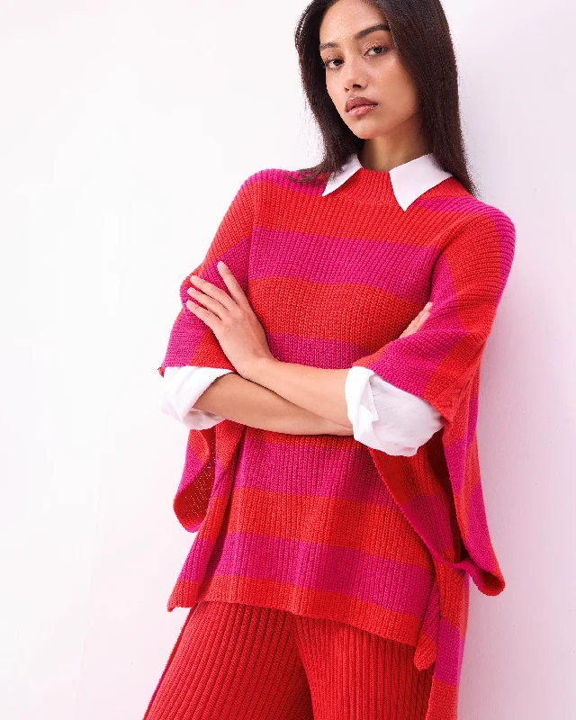 Dream High-low Hem Sweater - Fuchsia & Bright Red Stripes Denim Fabric Leather Fabric Suede Fabric