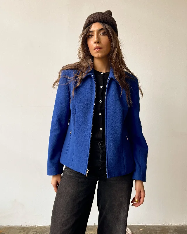 Royal Blue Zip Front Wool Cashmere Blend Jacket - M Denim Jacket Leather Jacket Suede Jacket