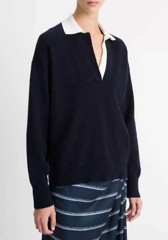 Contrast-Collar Wool-Blend Polo Sweater Turtle Neck Boat Neck Asymmetrical Neck