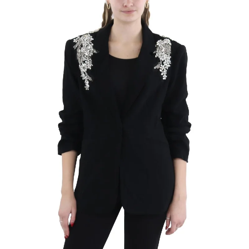 Womens Embellished Ruched Sleeves One-Button Blazer Women's Boutique Suit