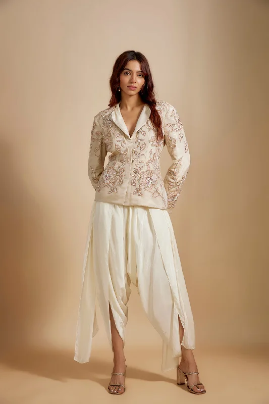 Beige Tissue Jacket With Cream Dhoti Front Pockets Side Pockets Patch Pockets