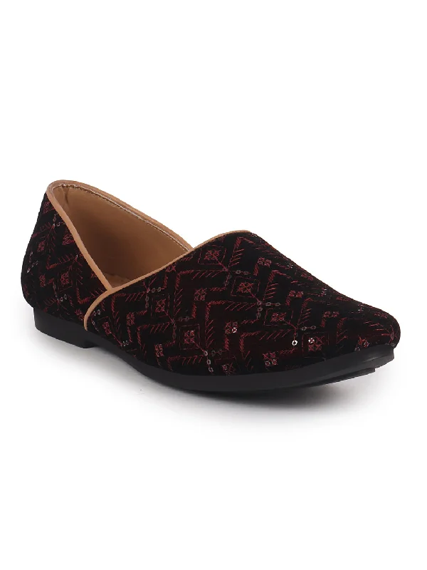 Men Maroon Embroidery Sequin Ethnic Half Cut Slip On Juttis and Mojaris for Wedding|Traditional Sherwani Shoes|Slip-On For Nehru Jackets Jacket Blazer Coat