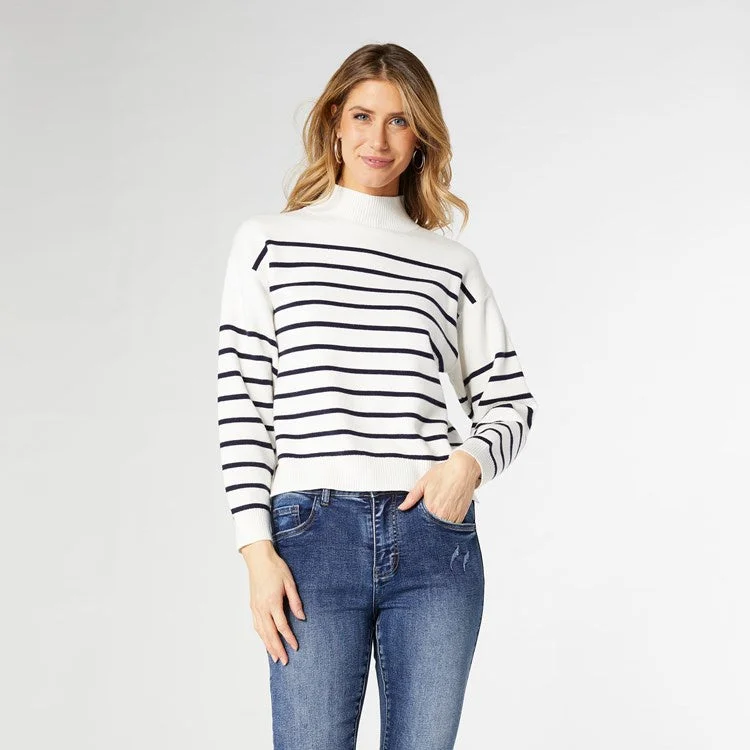 Neve Stripe Mock Neck Sweater | Black Denim Fabric Leather Fabric Suede Fabric