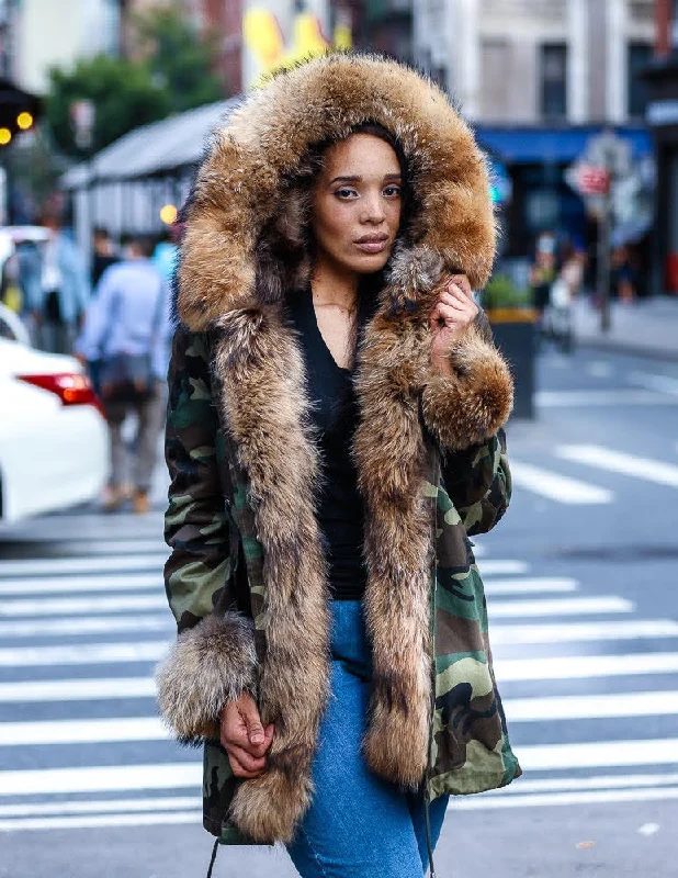 WOMEN PARKA- CAMO WITH NATURAL FOX FUR Warm Winter Parka Coat