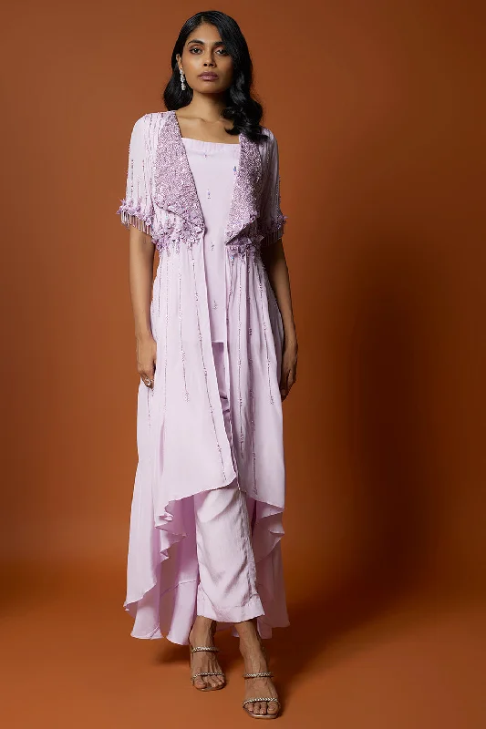 Lilac Embroidered Jacket, Top And Pants Set Satin Jacket Silk Jacket Chiffon Jacket