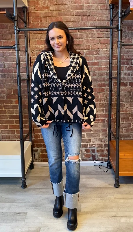 Ethnic Printed Knit Sweater Pullover | Black Taupe Spandex Blend Rayon Blend Denim Blend