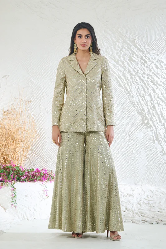 Sage Green Sharara With Short Style Kurta Jacket Wool Fabric Cashmere Fabric Tweed Fabric