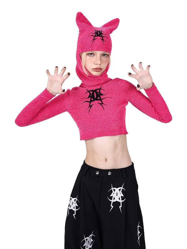 PINKSPINK Cat-Ear Hooded Crop Sweater - Hot Pink and Black Striped Floral Plaid