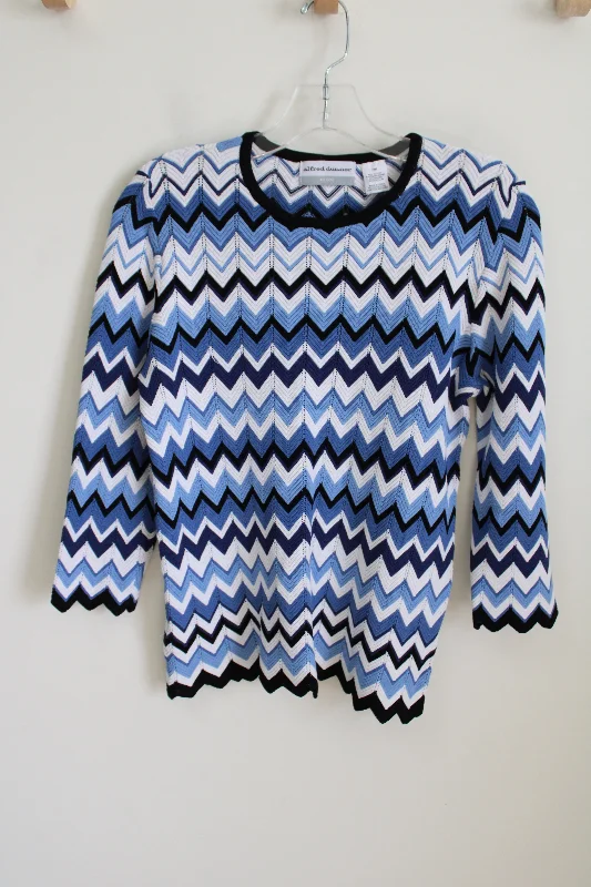 Alfred Dunner Blue Chevron Stretch Knit Sweater | M Petite Fleece Sweater Nylon Polyester