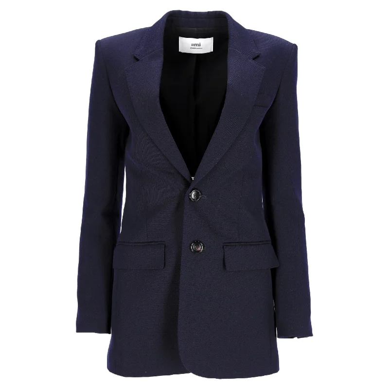 Ami Single-Breasted Blazer in Navy Blue Wool Women's Simple Blazer