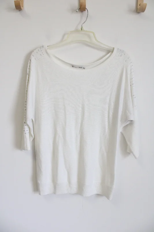 7th Avenue Design Studio White Knit Studded Sweater | M Fitted Loose Oversized