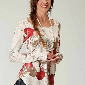 Roper Women's Tan/Red/Cream Floral Print Jersey Sweater Bright Pastel Dark