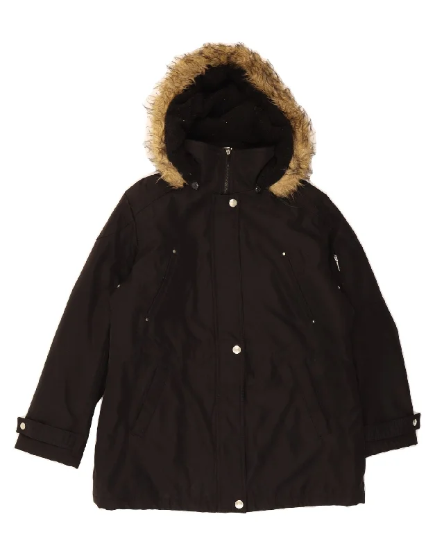 LONDON FOG Womens Hooded Parka Jacket UK 16 Large Black Polyester Comfortable Sherpa-Lined Parka