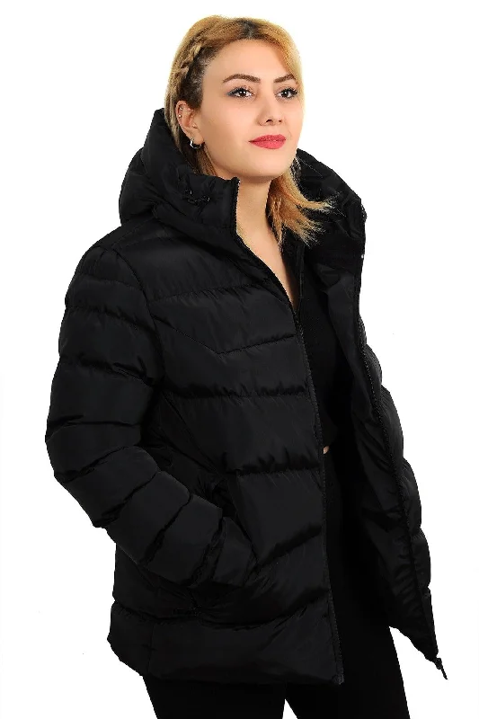 Women's Black Hooded Fleece Inner Waterproof Windproof Down Jacket & Coat & Parka Stylish Cinched-Waist Parka