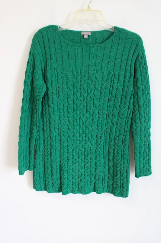 J.Jill Green Cable Knit Sweater | XS Boat Neck Shawl Collar Notched Collar