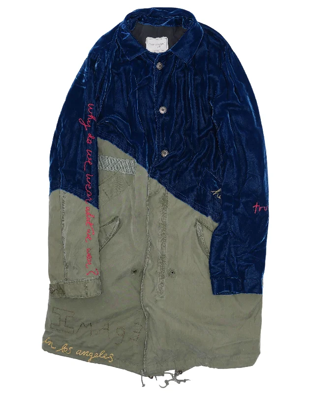 Embroidered Canvas and Velvet Parka Fluffy Faux Fur Parka