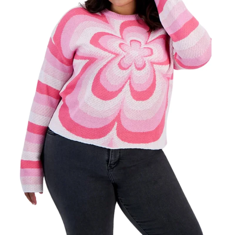 JUST POLLY - Plus Size Flower Sweater Turtle Neck Boat Neck Asymmetrical Neck