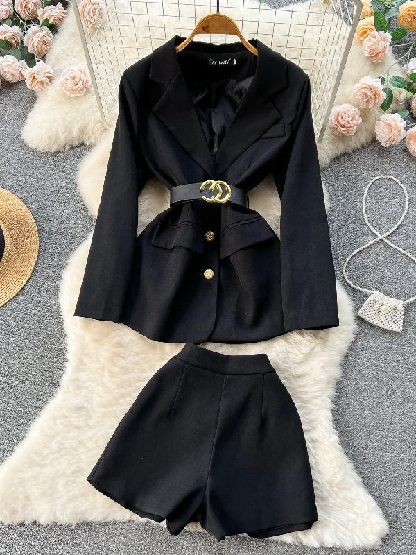 Two-Piece Black Blazer Shorts Set Women's Denim Suit