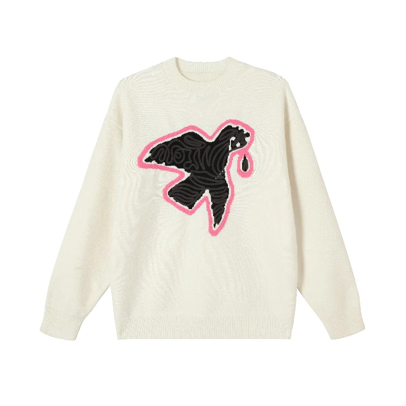 3D Rope Embroidered Peace Dove Knit Sweater Fitted Slim Tailored