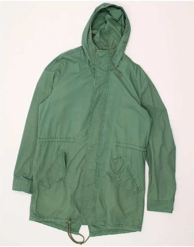 BENETTON Womens Hooded Parka Jacket IT 50 Large Green Cotton Elegant Double-Breasted Parka