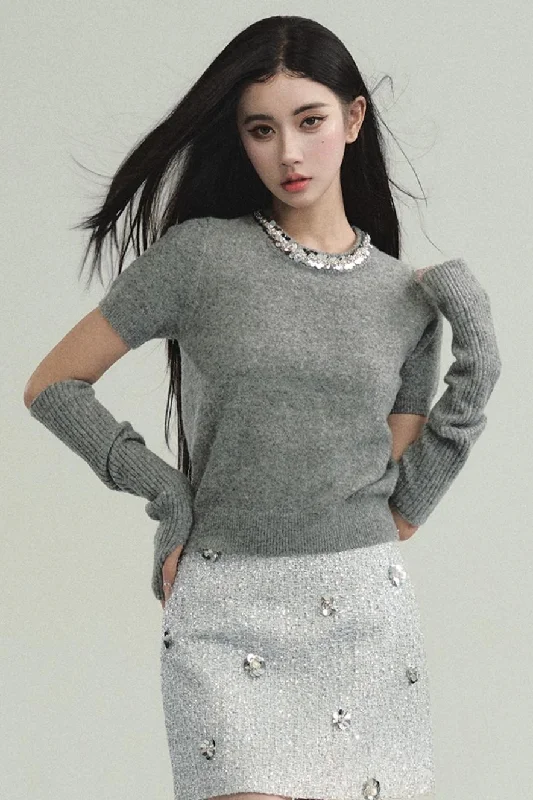 Elegant Layered Look: Pearl-Trimmed Cropped Sweater with Detachable Arm Warmers Handmade Hand-knitted Hand-woven